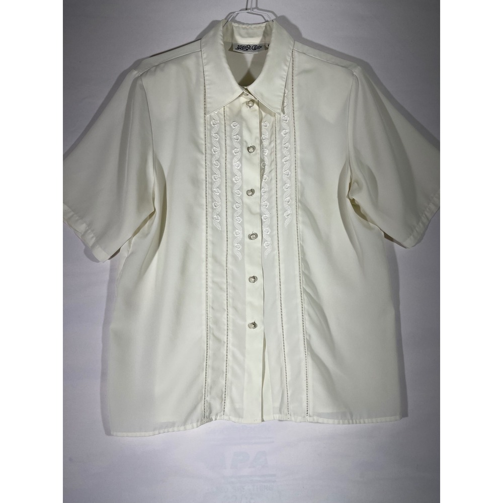 VTG Yves St Clair Women Cream Embroidered Short Sleeve Button‎ Up Blouse SZ 12